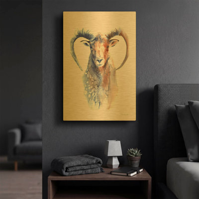 «Copper and Blue Ram» par Alan Majchrowicz, art mural en métal doré, 16 po x 24 po