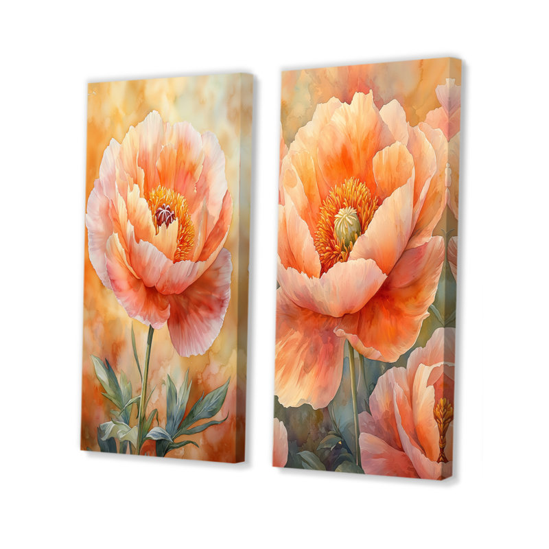Golden pivoine I - Collection d'art sur toile floral 2 pièces, H 28 po x l 25 po, Toile tendue