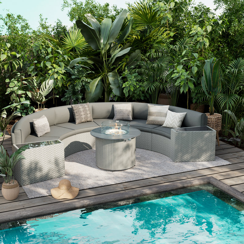 Meredithe Half-Moon 6 - Person Curved Patio Conversation Set With Fire Pit Table & Side Table, Grey