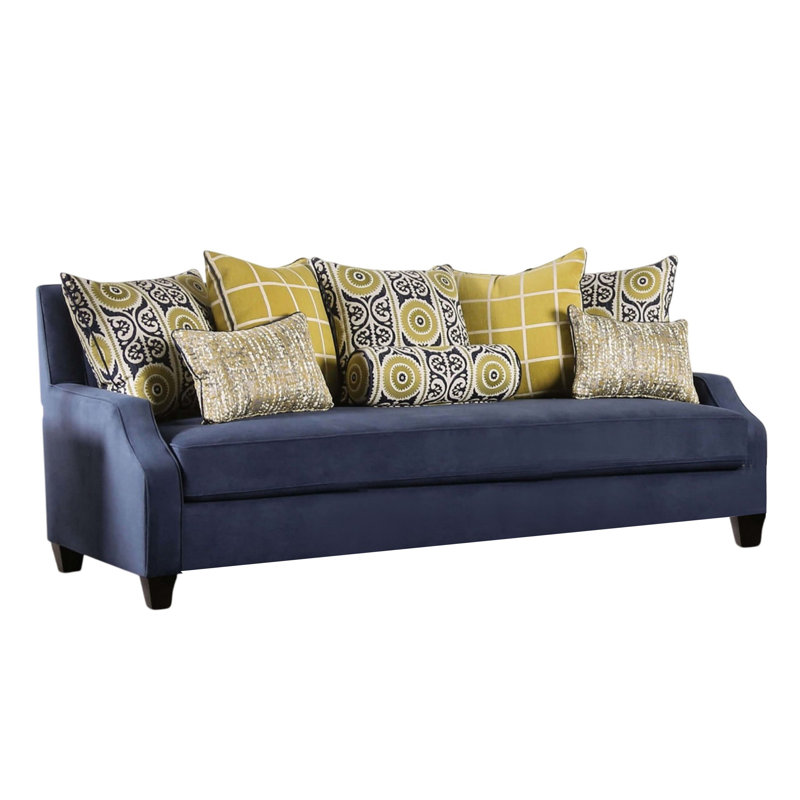 Canapé Omis, velours bleu marine, 8 coussins décoratifs, bois massif, 91 pouces