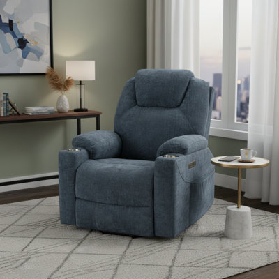 Fauteuil inclinable électrique en chenille bleue, capacité de poids de 350 lb, mécanisme de mouvement robuste, massage par vibration 8 points + chauffage lombaire, port USB / Type-C, porte-gobelet en acier inoxydable.