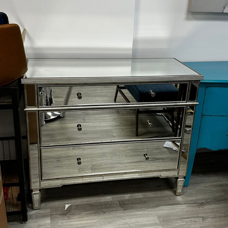 Silver Antiqued Mirror 3-Drawer Industrial Accent Chest