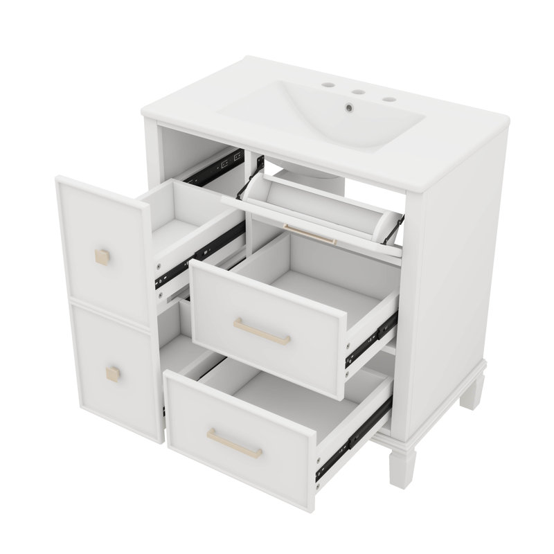 Meuble-lavabo moderne 30 po avec meuble-lavabo en céramique et tiroir escamotable, Blanc