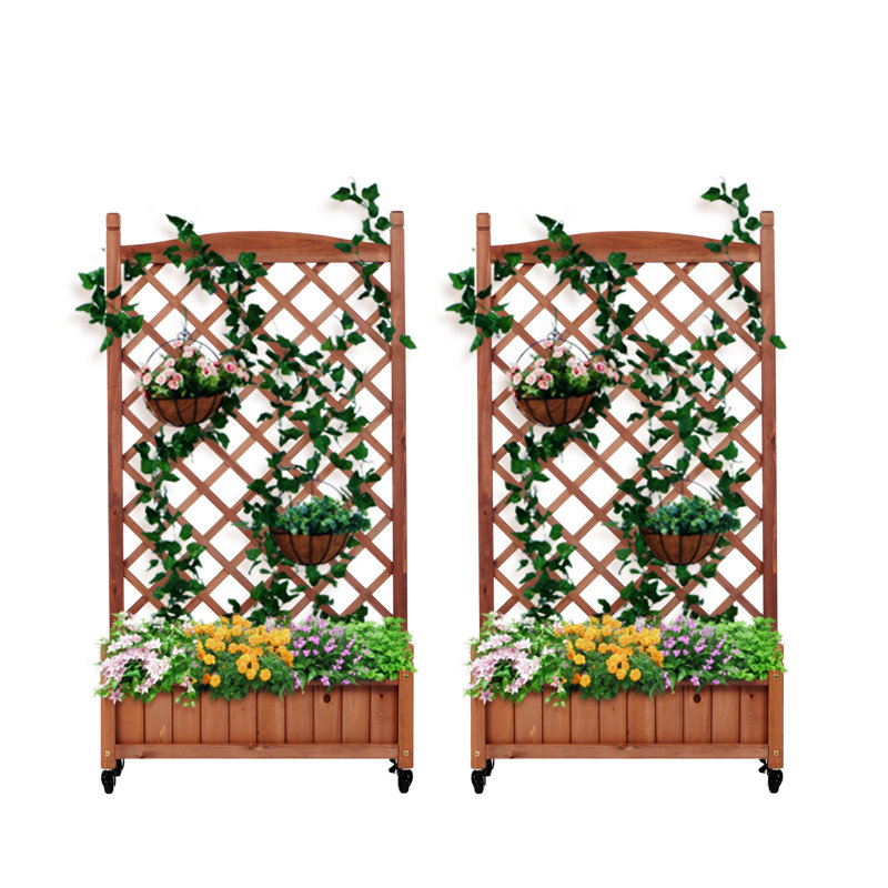 Raised Garden Bed with Trellis 2 Pack, Outdoor Wooden Planter Box & Plant Stand with Climbing Racks 