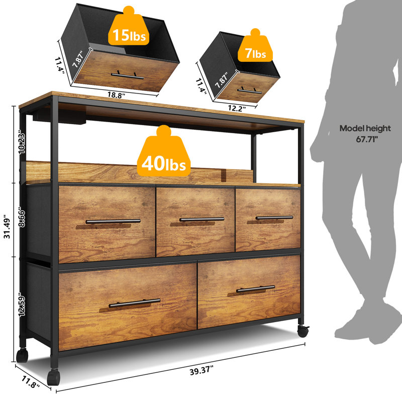 100 cm W Chest of 5 Drawers, Brown
