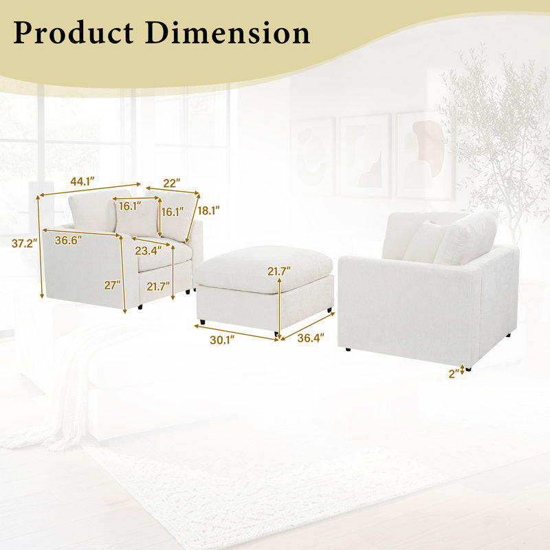Fauteuil d'appoint à ChenilleCove Standard 2 avec 1 pouf, Beige