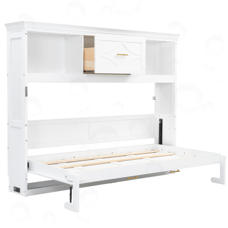 Lit escamotable simple avec station de charge et tiroir, Blanc