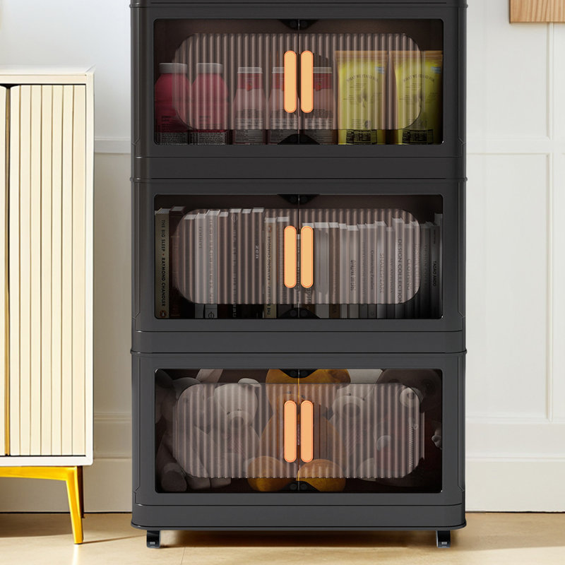 Stackable Foldable Storage Bins With Lids And Wheels, Black, 124