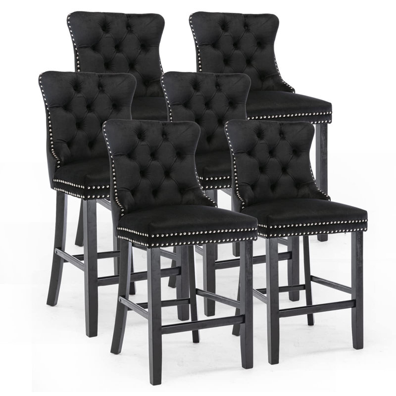 Tabouret de bar rembourré en velours avec dossier capitonné, 6, Gris, Noir