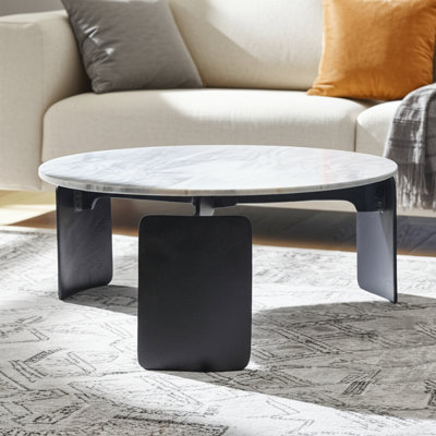 Round Coffee Table Marble And Cast Aluminum Modern Metal Base Diameter Gray Top Living Room Bedroom Office Use - 13" Gray, Black