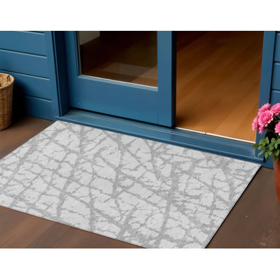 Tapis extérieur lavable abstrait argenté et gris 3 pi x 5 pi