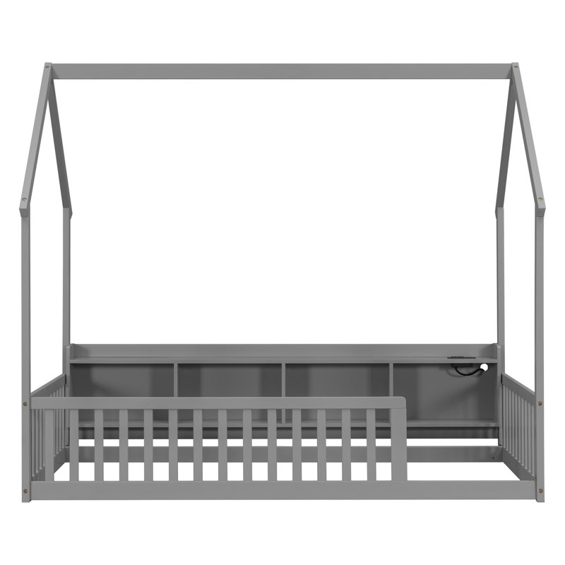 Lit de maison avec tablettes de rangement, lumières à DEL intégrées et station de charge, lit de plancher en bois de pin avec garde-corps de sécurité