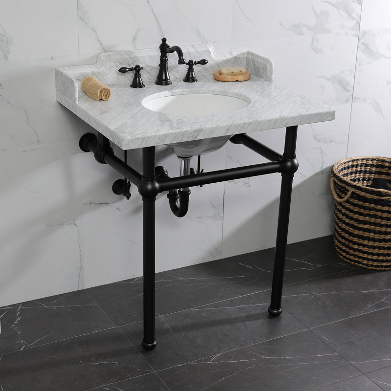 Kingston Brass Pemberton 30-Inch Carrara Marble Console Sink with Brass Legs (8-Inch, 3-Hole), Marble White/Matte Black