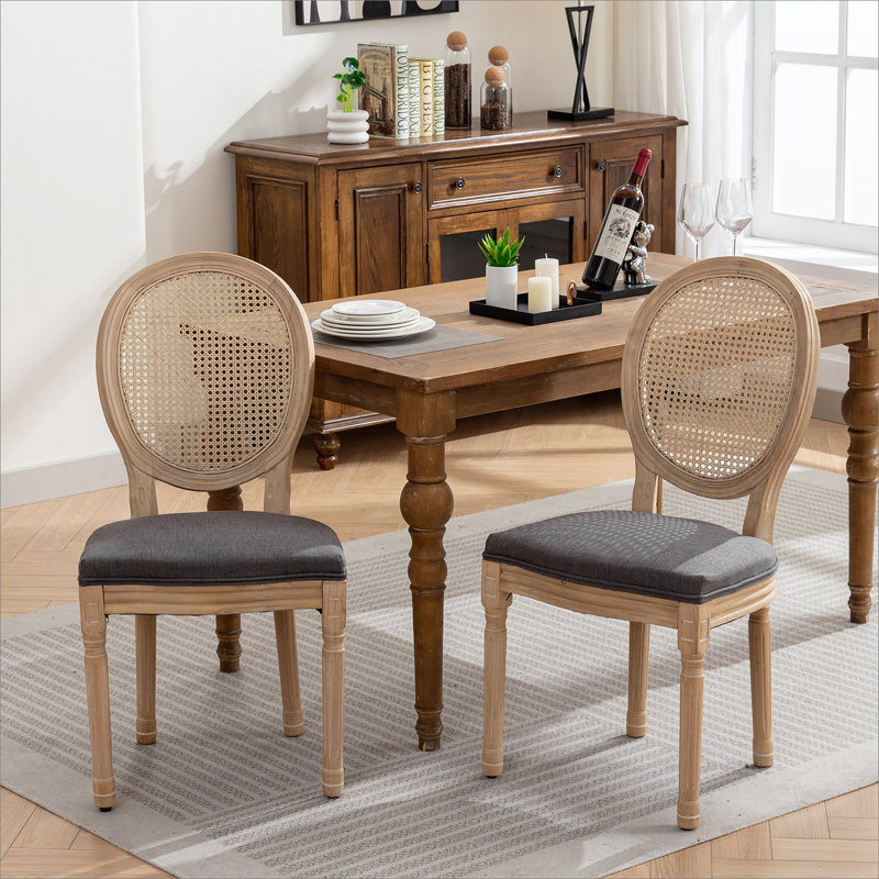 Chaise de salle à manger à dossier en rotin antique avec structure en bois massif, ensemble de 2
