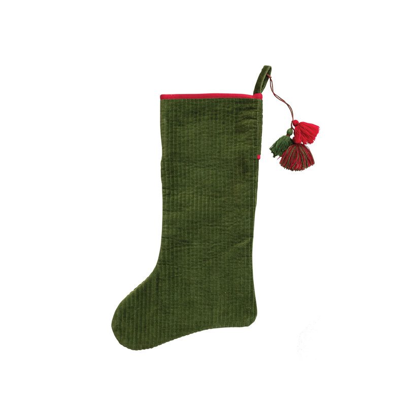 Chaussette de Noël en velours de coton matelassé à pampilles, Vert