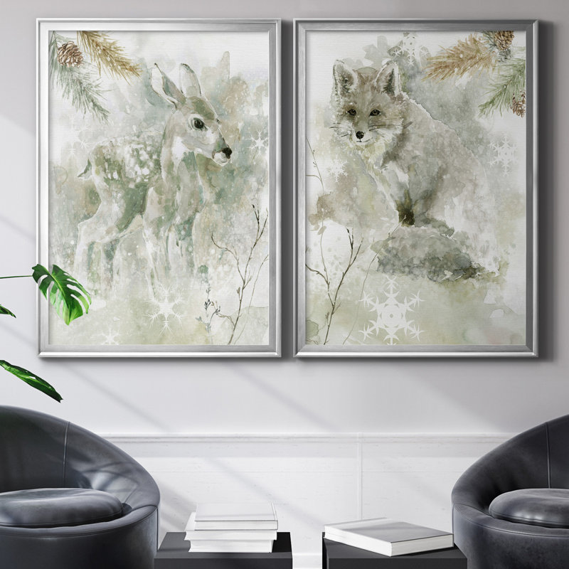 Winter Lodge Fawn - ensemble de 2 reproductions d'art, Pas de tapis, Toile encadrée argentée, H 22,5 po x l 61 po x P 1,5 po