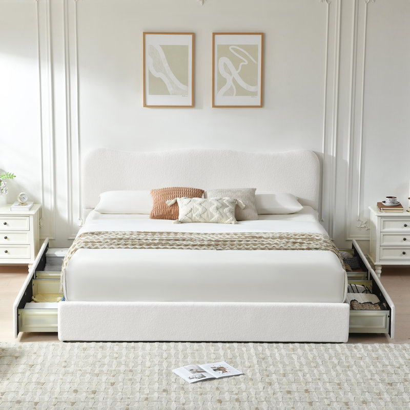 Arusha Boucle Upholstered Platform Storage Bed With 4 Drawers, White, King