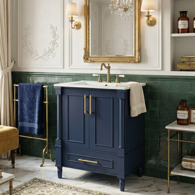 24" Freestanding Bathroom Vanity With Ceramic Sink, Solid Wood Blend Cabinet With French Cylinder Legs, Drawer & Ornate Carved Motif, Blue