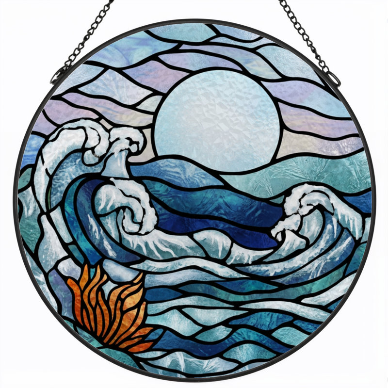 7.8"H Ocean Waves Stained Glass Window Panel, 7.8" H x 7.8" W