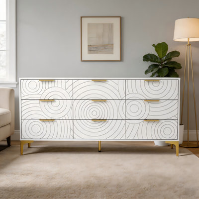 Commode 9 tiroirs en bois, commode contemporaine munie de poignées en métal, console de télévision spacieuse et idéale pour les chambres à coucher, les espaces de vie, les couloirs et l'organisation de garde-robe (blanc)