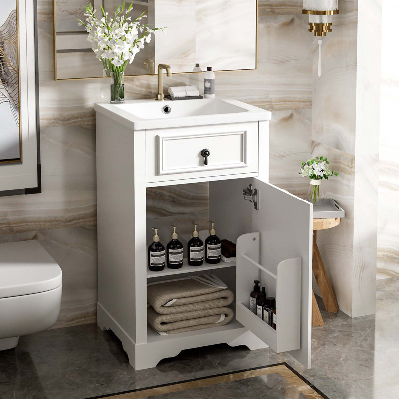 Meuble-lavabo de rangement avec lavabo en céramique, Blanc