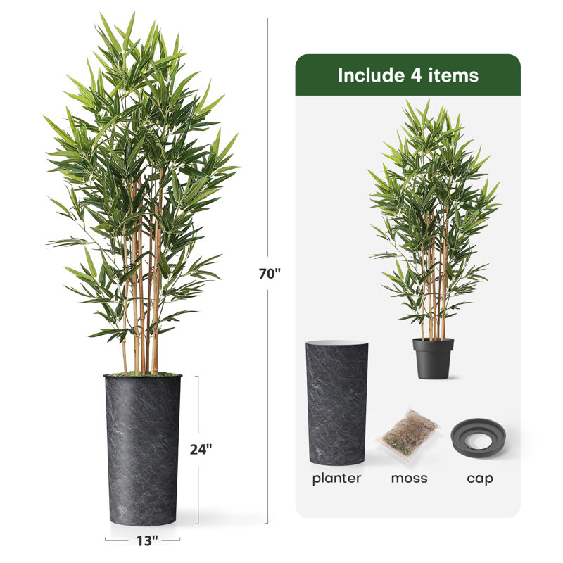 Artificial Tree in Black White Wood Tree Rings Pattern Planter Fake Bamboo Silk Tree, Stone Dark Grey