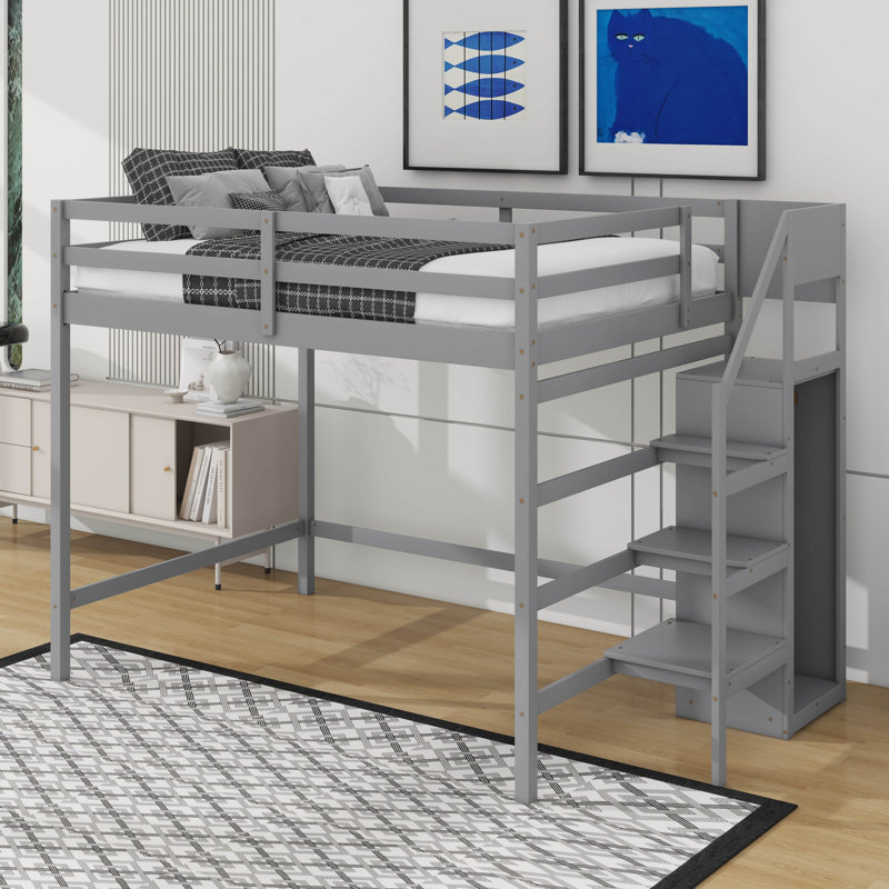 Lit mezzanine double avec armoire de rangement et escalier Jakema, Gris
