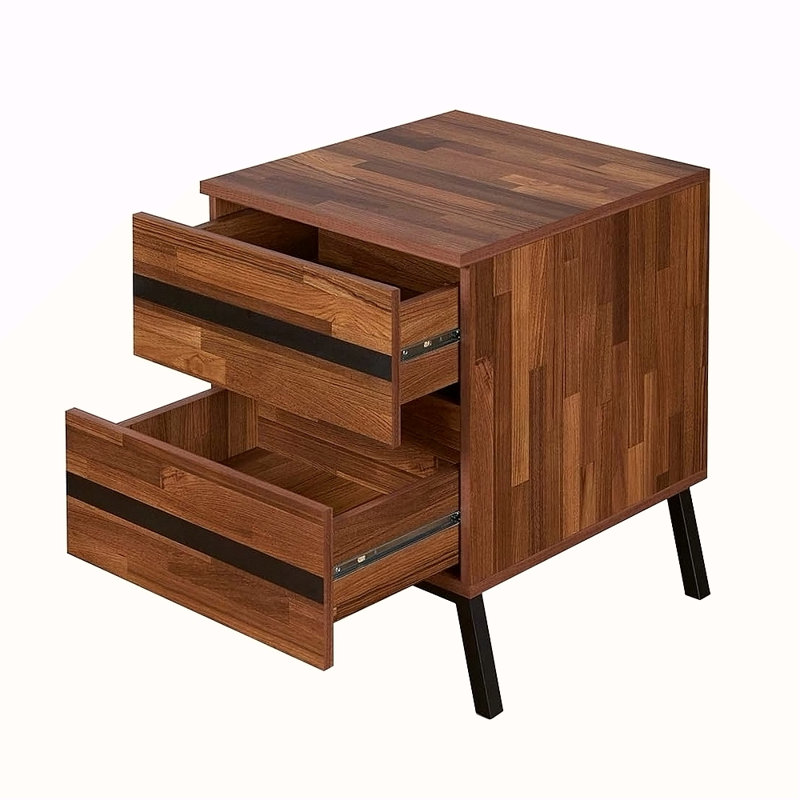 Table de chevet 2 tiroirs avec pieds inclinés en métal
