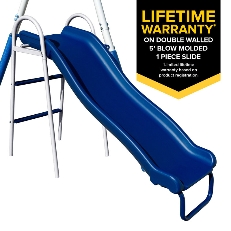 Blue and White Metal Swing Set with Slide and Swings