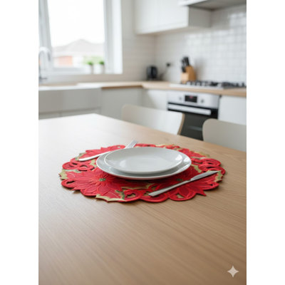 Napperon rond poinsettia et feuille verte brodée, 8 pouces de diamètre