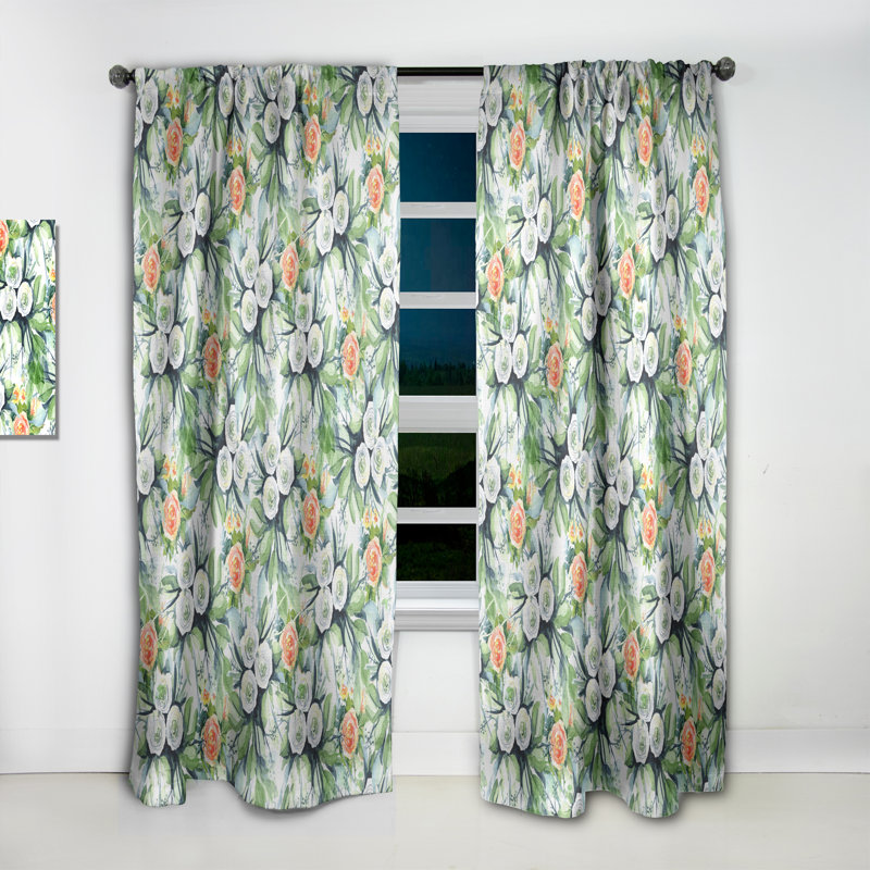 Panneau de rideau floral, motif de fleurs sans soudure, L 52 po x L 108 po, Orange/Green/White