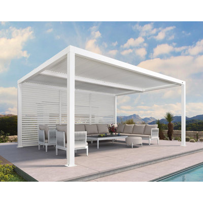 Purple Leaf Louvered Pergola Outdoor White Aluminum Pergola With Fixed Shutter Wall Adjustable Roof Gazebo For Patio Backyard, 1 Long Side