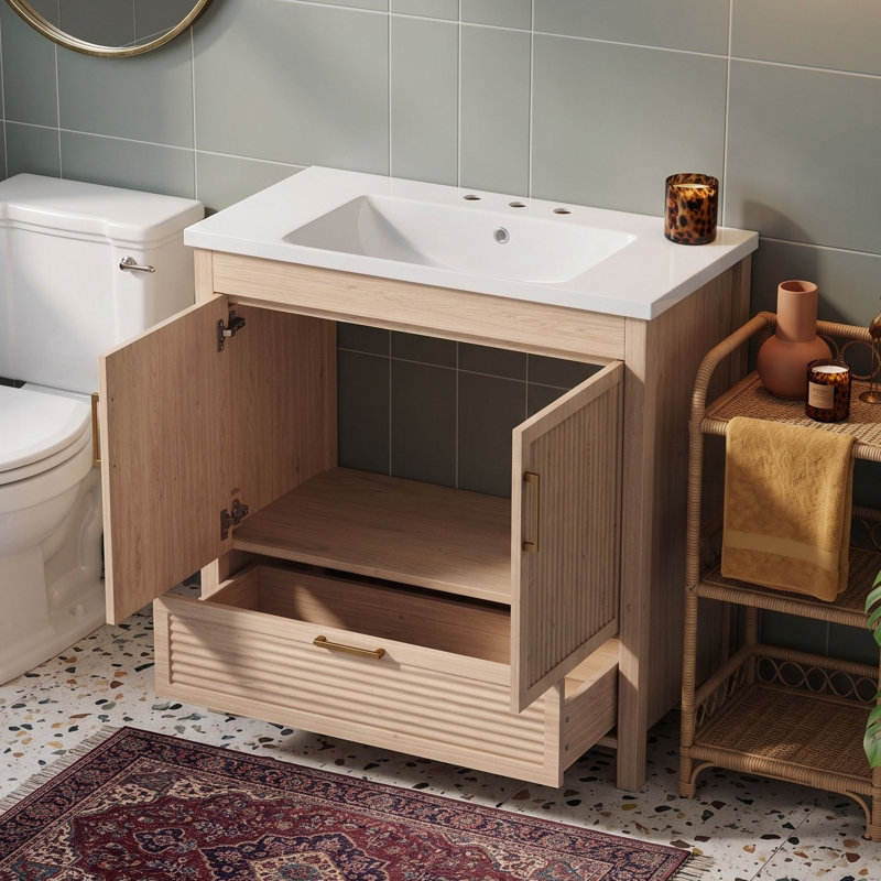 Freestanding Standard Free Standing Single Double Single Vanity Bathroom Vanity With Resin Top, Wood