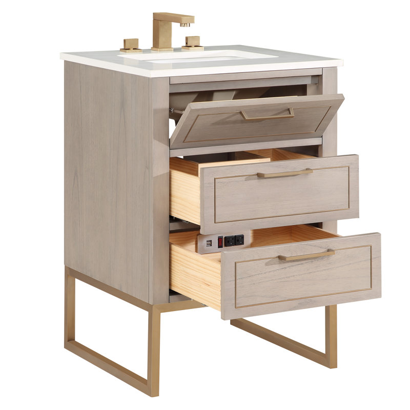 Markham 24'' W Single Vanity, Universal Calacatta Quartz, Cashmere Gray, Satin Brass