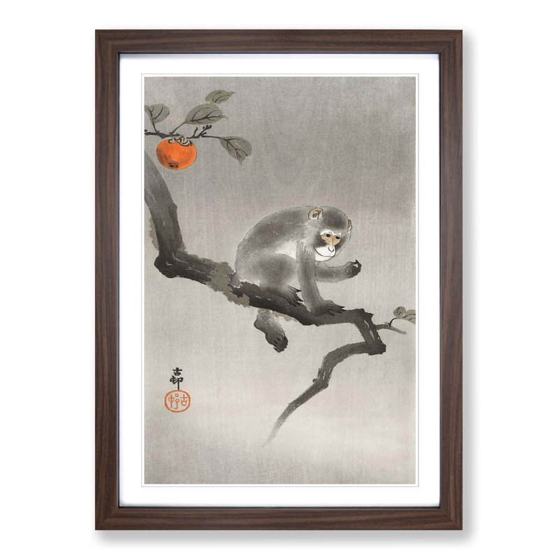 Monkey upon an Orange Tree by Ohara Koson - Picture Frame Painting Print on MDF, 36cm H x 27cm W x 2cm D, Walnut Framed