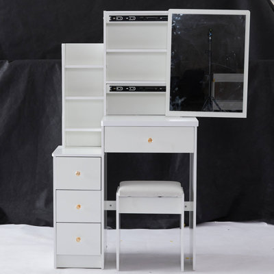 Petite coiffeuse 29,2 po avec tabouret de chevet gauche + tabouret rembourré, très grand miroir coulissant à droite, rangement multi-couches à grande capacité, commode pratique et pratique, convient aux petits espaces