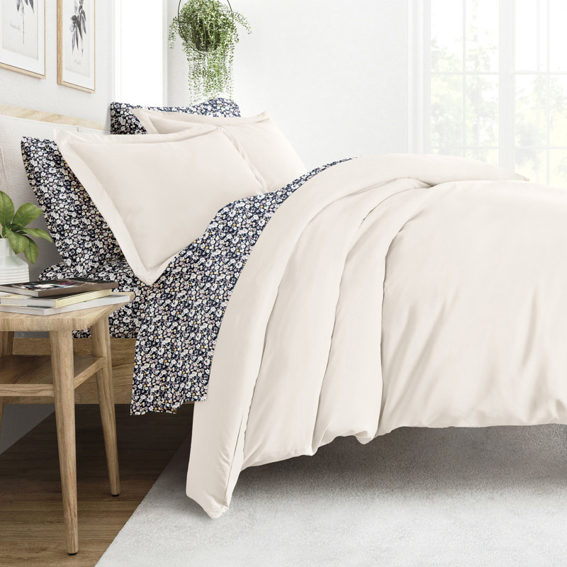 Ensemble de literie 8 pièces - Housse de couette unie, ensemble d'édredon et ensemble de draps à motifs, Ivoire floral