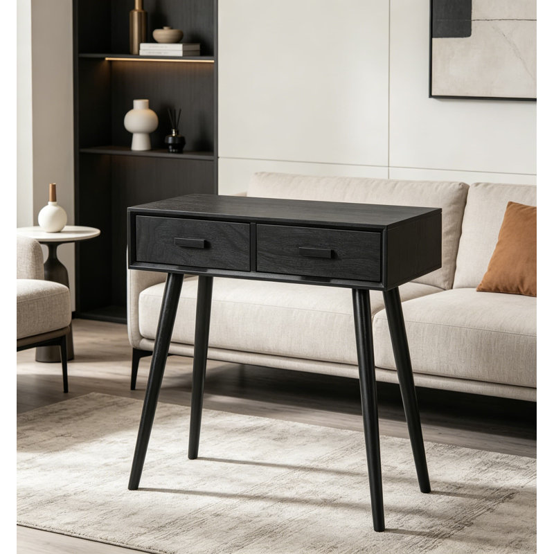 Console Mid-Century moderne avec 2 tiroirs, fabrication en bois de pin massif, finition noire élégante pour le salon, la chambre à coucher ou le vestibule