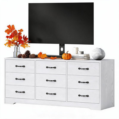 Meuble télé moderne en bois avec support mural et 9 tiroirs, centre multimédia de 55 po pour téléviseurs jusqu'à 85 po, console multimédia à hauteur réglable, meuble télé de rangement en bois pour salon