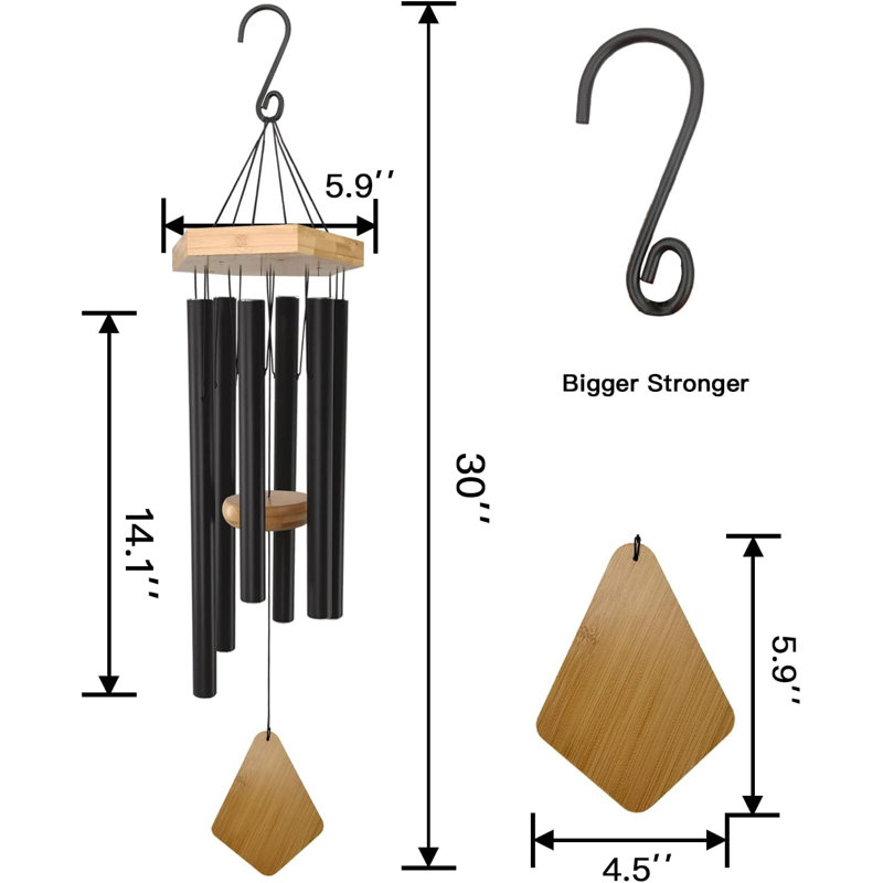 Carillons éoliens 30 pouces avec carillons de mémorisation de ton profond avec crochet pour la fête des mères / pendaison de crémaillère / Noël, patio, jardin, cour, décoration intérieure, noir