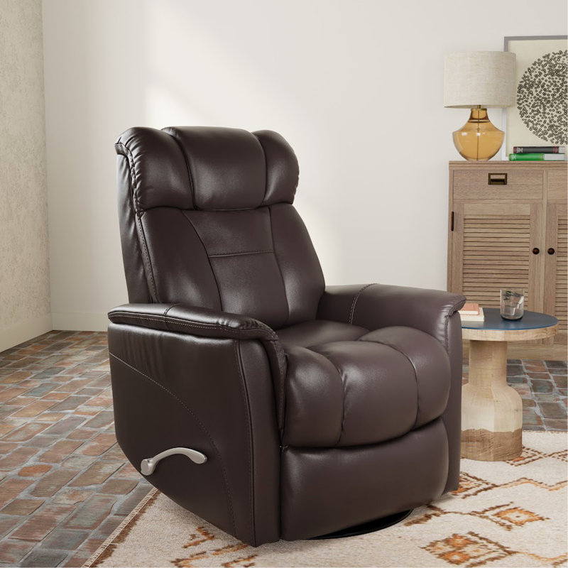 Global Home Swivel Glider Recliner With Manual Adjustable Headrest & Footrest In Faux Leather Bentley, Brown