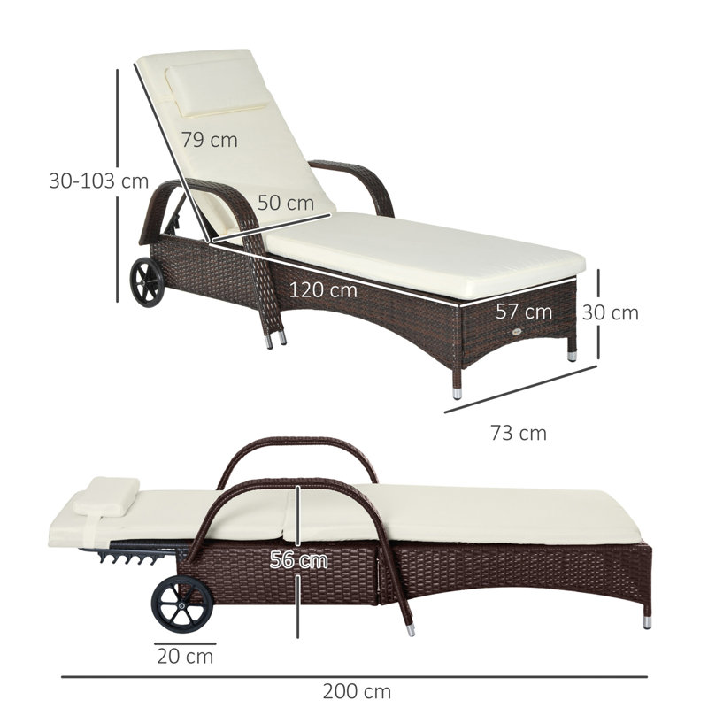 Aymelia 200cm Long Reclining Single Chaise with Cushions, White, Brown