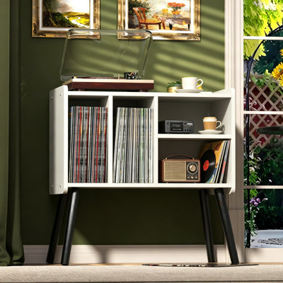 Support pour tourne-disque Mid-Century avec rangement en vinyle pour plus de 150 albums, table tournante en bois avec tablettes réglables et gestion des câbles, armoire à tourne-disque pour installation musicale dans le salon, blanc