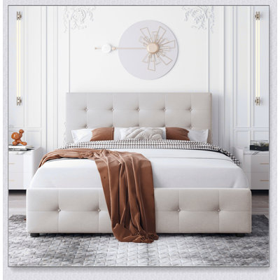 Lit plateforme tapissier avec tête de lit classique, 4 tiroirs et tissu en lin, sans sommier tapissier pour plus de confort et de style
