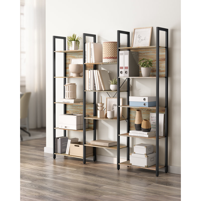 Jaliyah 166cm H x 158cm W Steel Etagere Bookcase, Oak/Blue Grains/Black