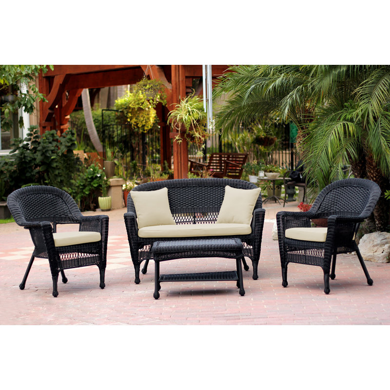 Cecilton 4 Piece Rattan Sofa Seating Group , Black, Ivory