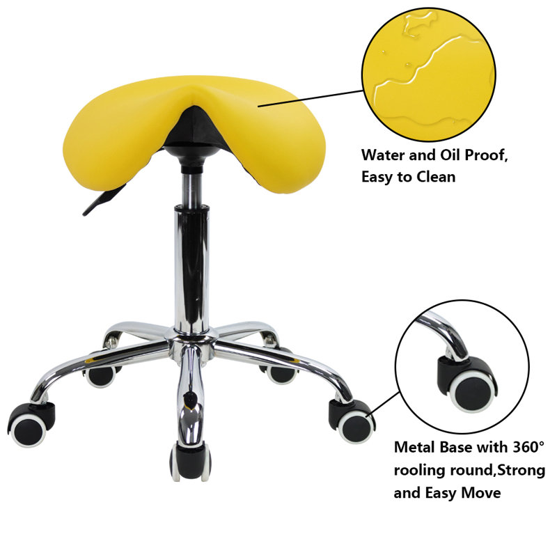 Yellow PU Leather Adjustable Swivel Saddle Stool with Wheels