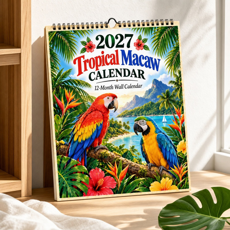 Calendrier suspendu 2027 avec oiseaux tropicaux
