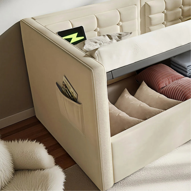 Modern Upholstered Tufted Daybed with USB & Type-C Charging, Beige