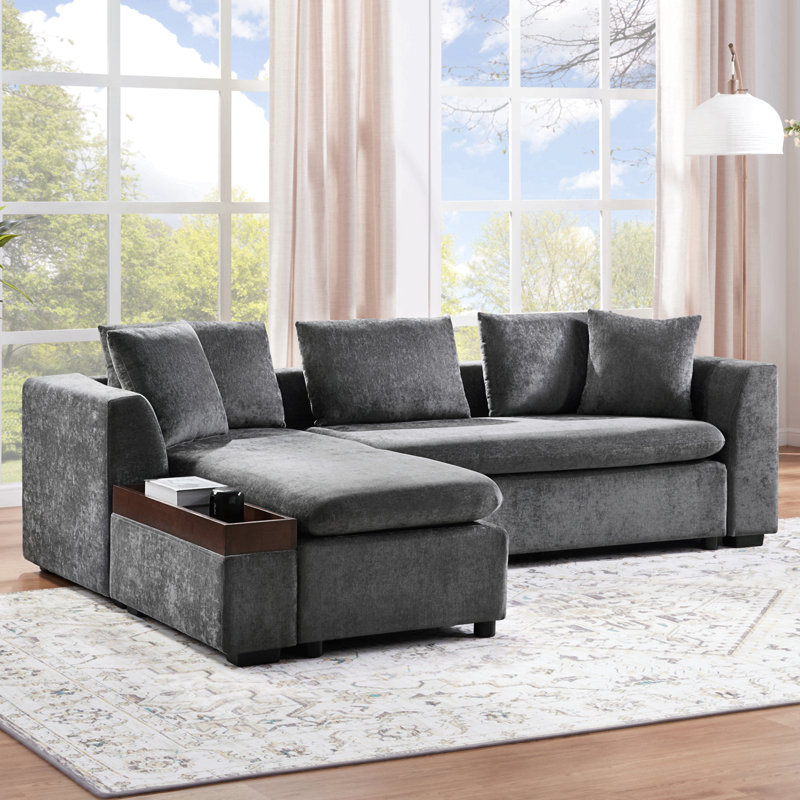 Sectional Sofa 93.7" L-Shaped Sofa Upholstered Sofa Couch With Wooden Storage Compartment For Living Room, Gray Chenille